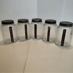 Set Of 5 Vtg Hoosier Glass Ribbed Shaker Storage Containers Cloves Spices 1930’s